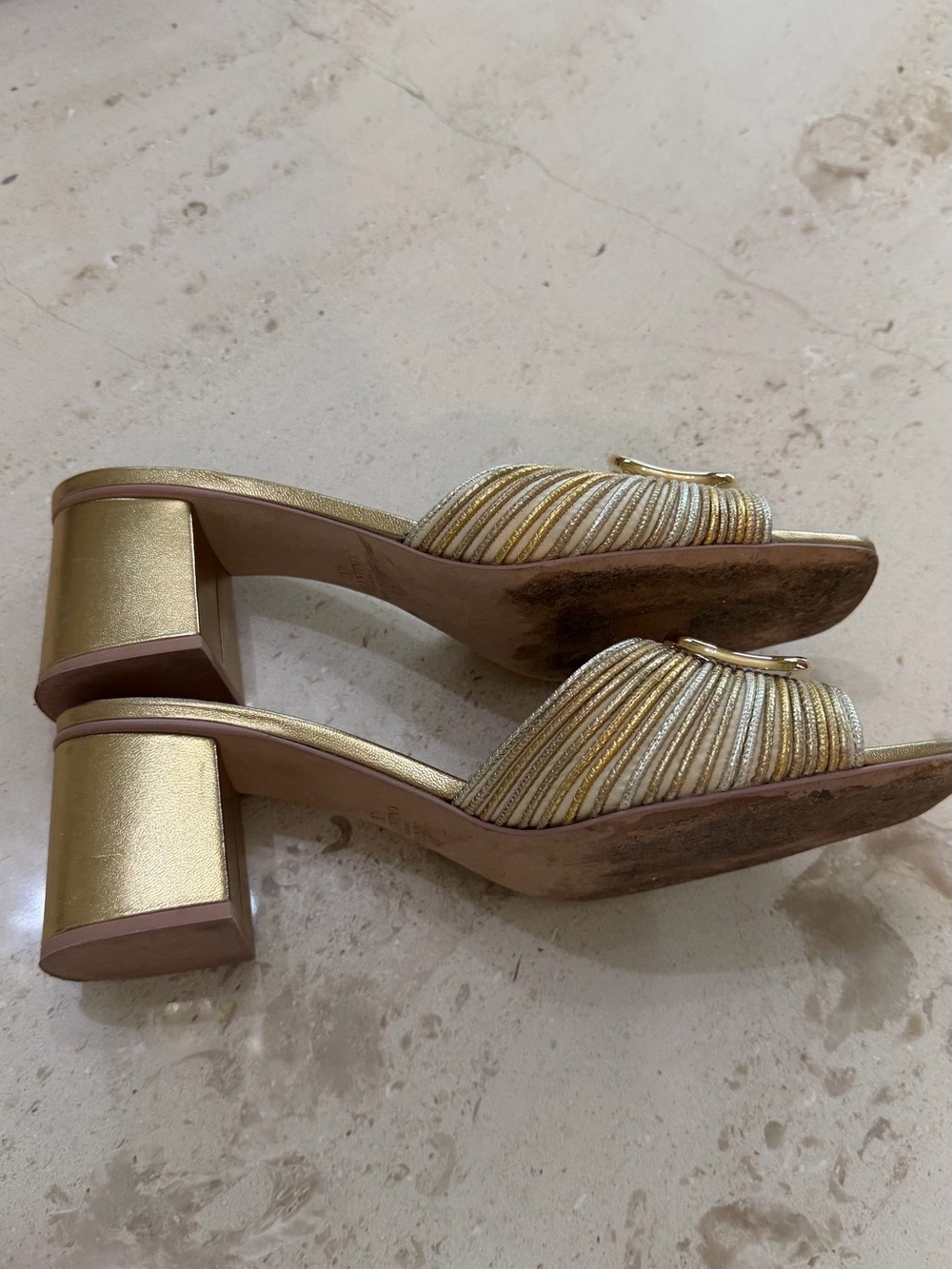 Valentino gold and silver Women's Slide Sandals with Decorative Logo Accent - Picture 3 of 5